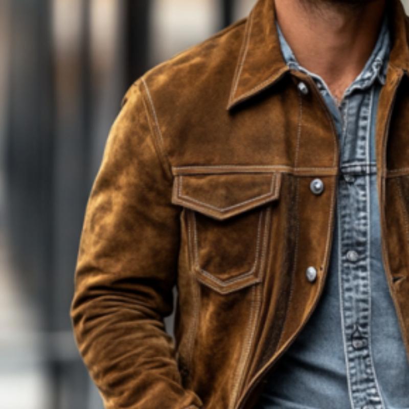 Men's Vintage Classic Western Denim Multi-Pocket Lapel Slim Suede Jacket 9261091193016