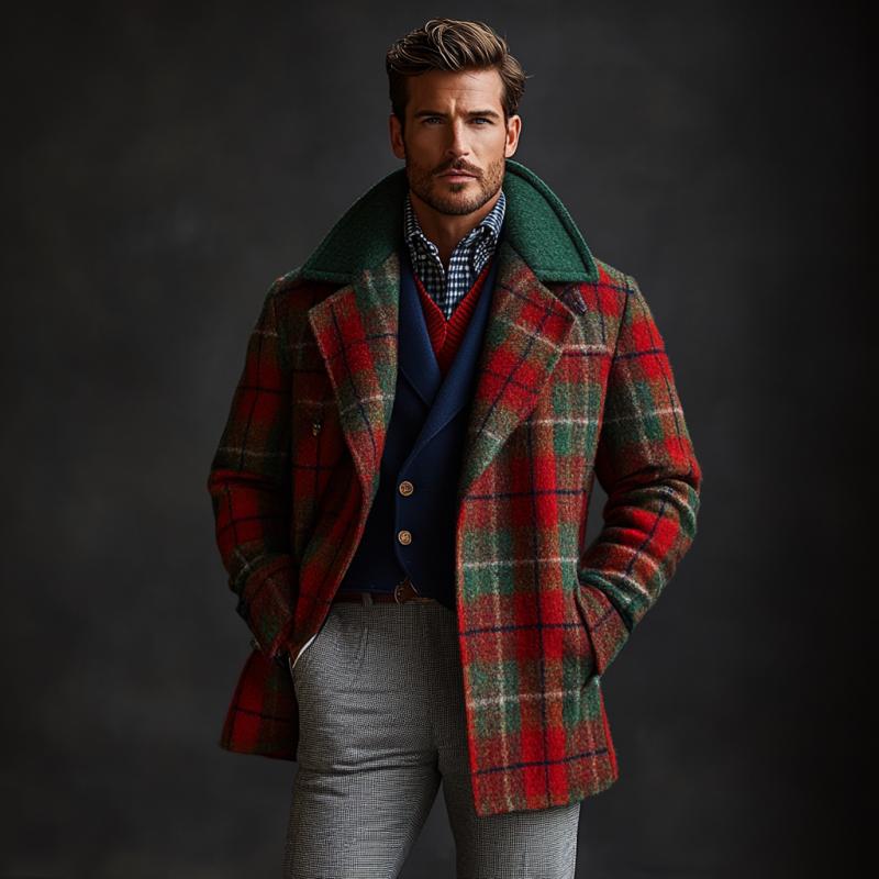 Men's Retro Christmas Plaid Colorblock Lapel Mid-Length Coat 9261102694584