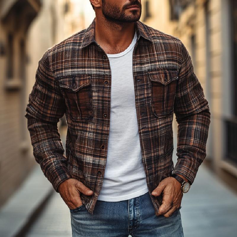 Men's Casual Plaid Print Lapel Loose Shirt Jacket 9267506806968