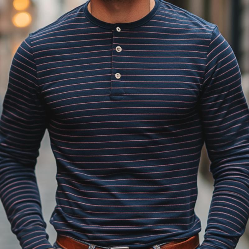 Men's Casual Cotton Blend Striped Henley Collar Slim Fit Long Sleeve T-Shirt 9260832784568