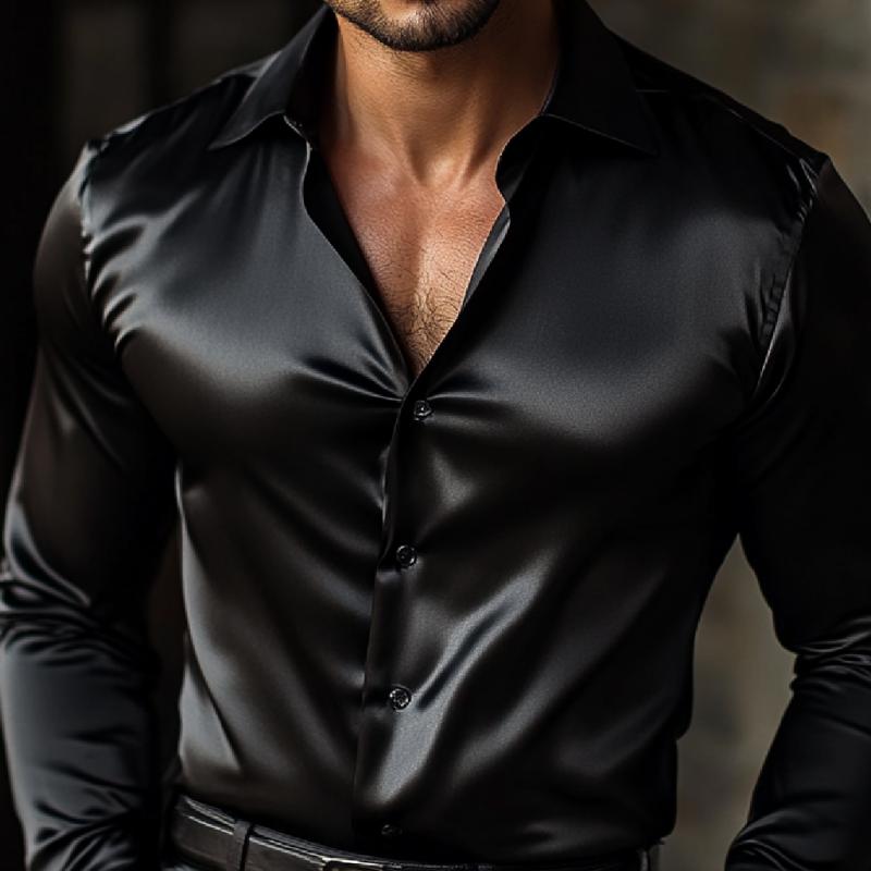 Men's Elegant Solid Color Satin Lapel Slim Fit Long Sleeve Shirt 9273157648568