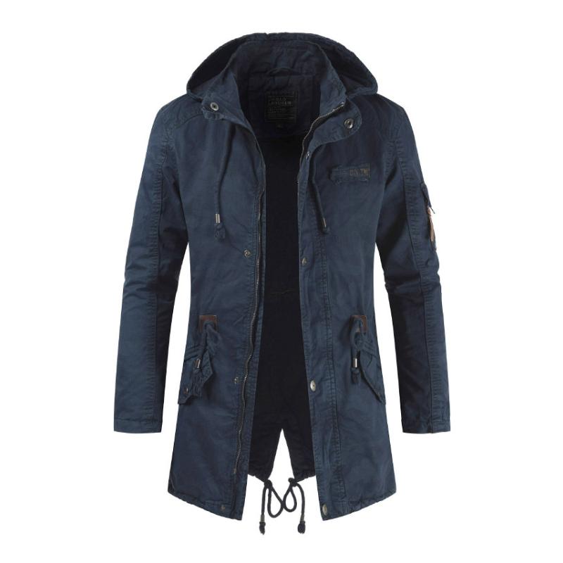 Herren Casual Outdoor Baumwolle Stehkragen Kapuze Reißverschluss Mittellanger Trenchcoat 69828861M