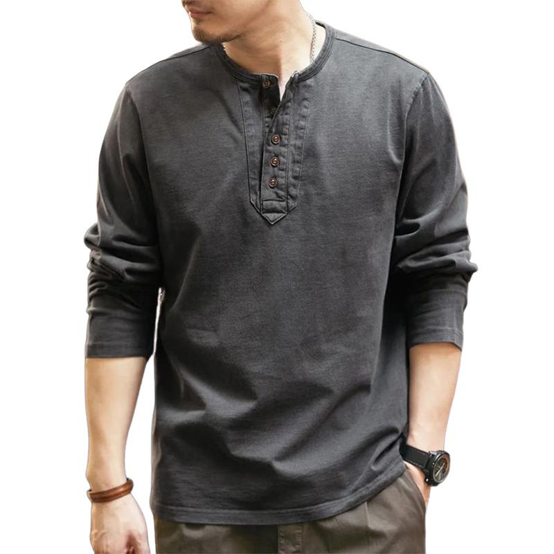 Men's Casual Button Round Neck Long Sleeve Solid Color T-Shirt 9887384043704
