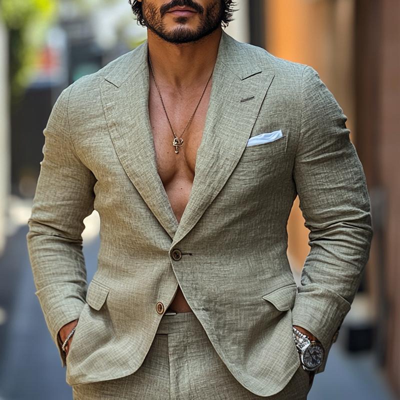 Men's Fashion Linen Peak Lapel Two Buttons Casual Blazer 9885838934200