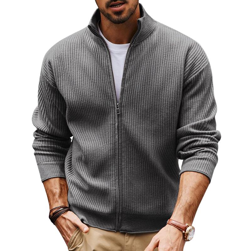 Men's Grey Stand Collar Zippered Knit Cardigan 9273155780792