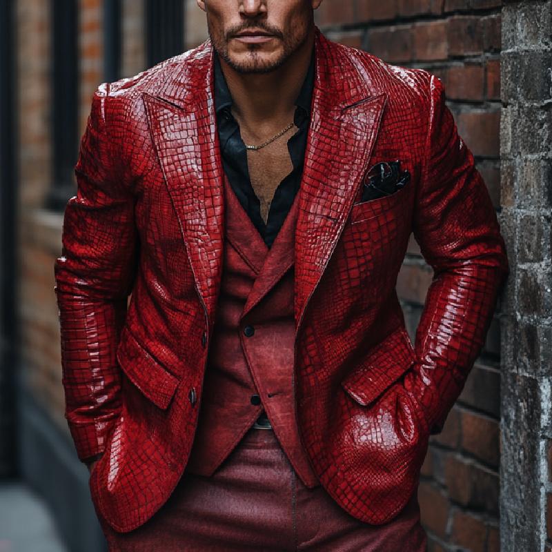 Men's Classic Lapel Red Crocodile Pattern Leather Blazer 9273156960440