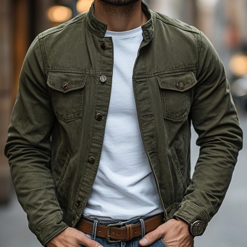 Men's Vintage Washed Denim Stand Collar Single Breasted Slim Fit Jacket 9887361007800