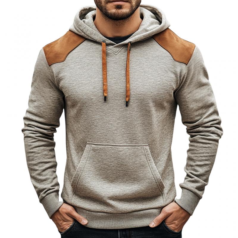 Men's Fashion Cotton Suede Patchwork Slim Fit Kangaroo Pocket Hoodie 9271920853176