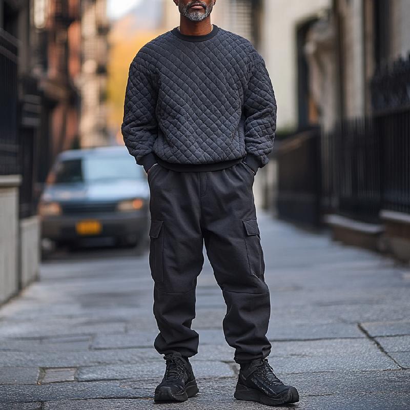 Men's Classic Crew Neck Quilted Air Layer Sweatshirt and Multi-Pocket Casual Pants Two-Piece Set 9873516724408