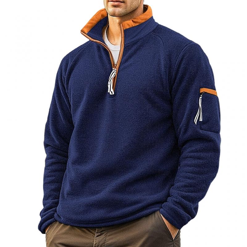 Men's Casual Solid Color Polar Fleece Half-Zip Stand Collar Long-Sleeved Sweatshirt 9268188905656