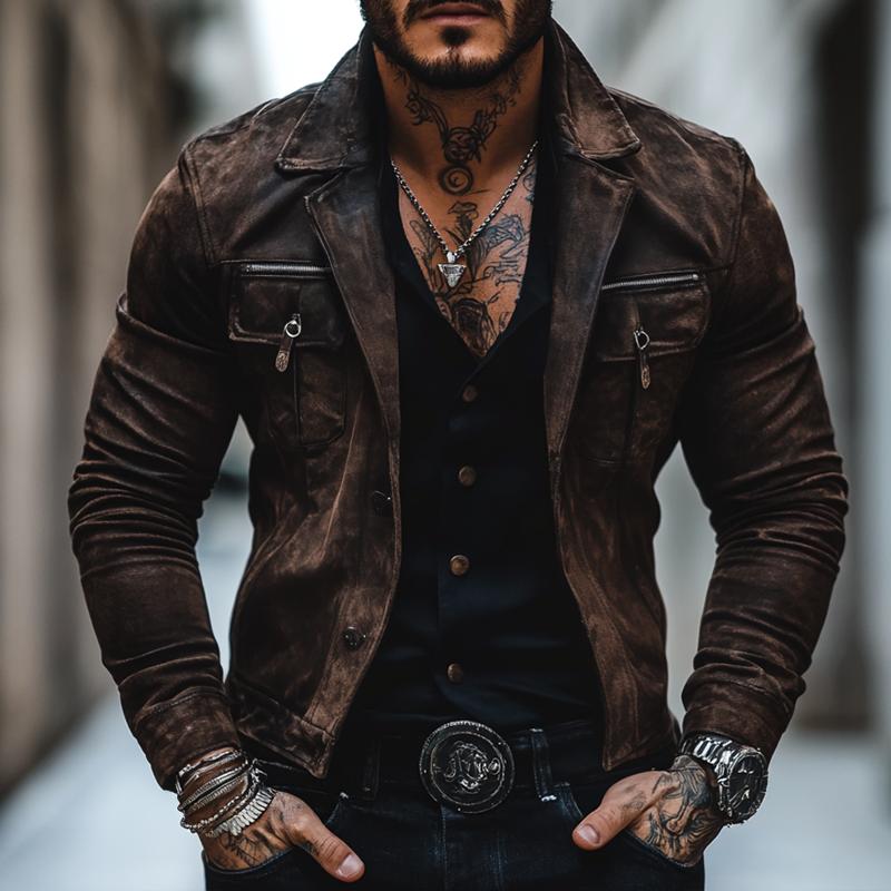 Men's Vintage Distressed Suede Lapel Chest Pocket Single Breasted Jacket 9873134059704