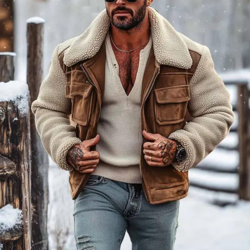 Men's Vintage Suede Stitching Lambswool Lapel Jacket Coat 9261082476728