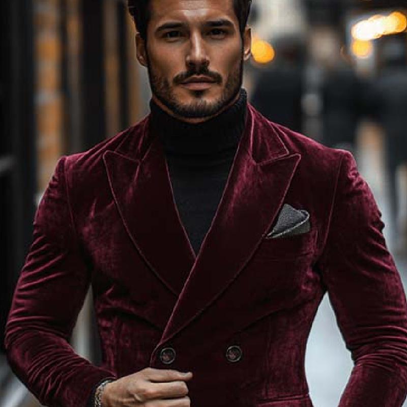 Men's Classic Vintage Double Breasted Slim Fit Velvet Blazer 9271925244088