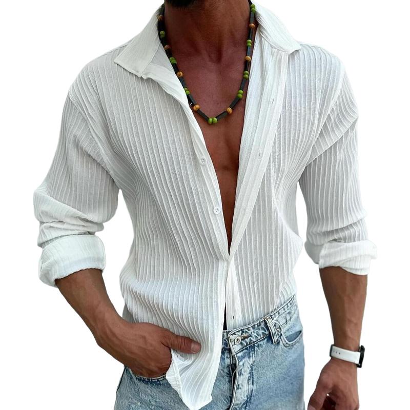 Men's Solid Striped Lapel Long Sleeve Casual Shirt 9261798883512