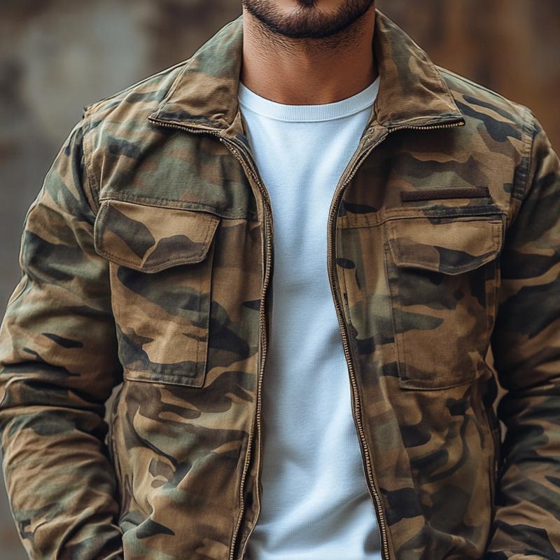 Men's Outdoor Camo Lapel Multi-pocket Zipper Cargo Jacket 9873133961400