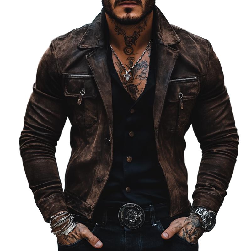 Men's Vintage Distressed Suede Lapel Chest Pocket Single Breasted Jacket 9873134059704
