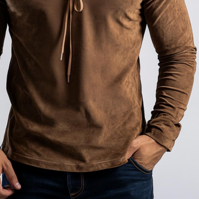 Men's Casual Stitching Leather Stand Collar Drawstring Suede Long Sleeve POLO Shirt 9886820401336