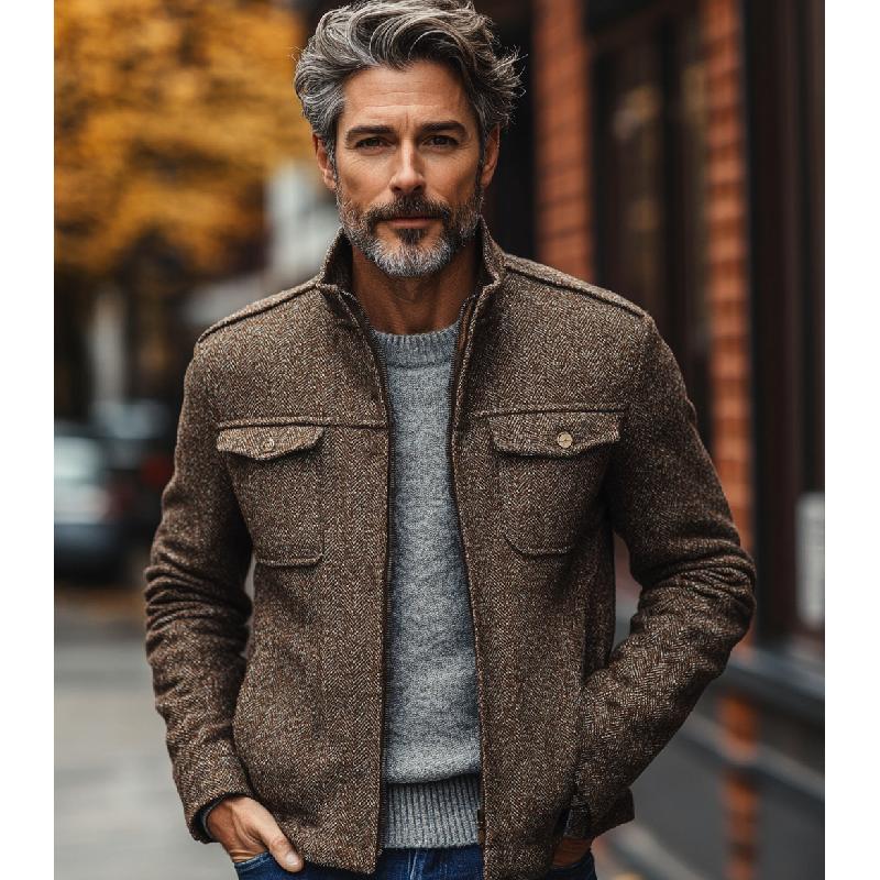Men's Vintage Herringbone Stand Collar Double Chest Pockets Thin Jacket 9877217509560
