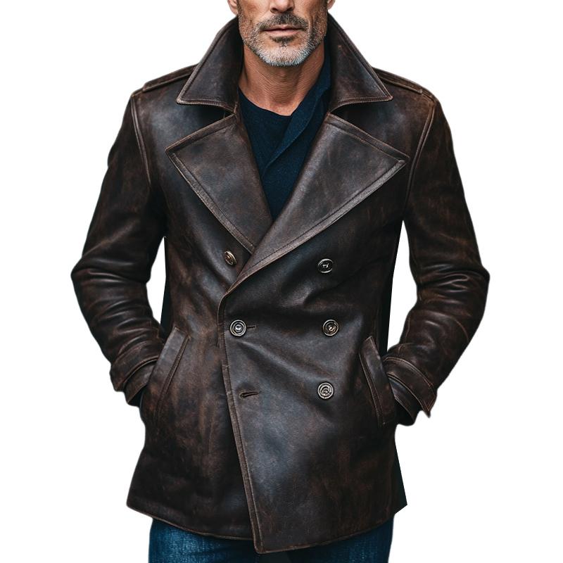 Men's Vintage Distressed Notched Lapel Leather Jacket 9873140121784
