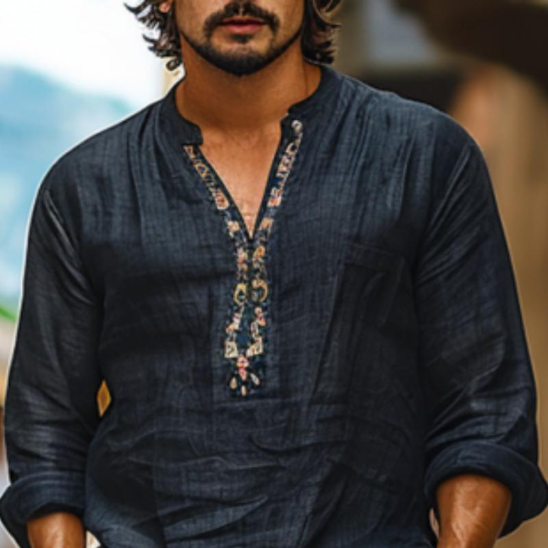 Men's Cotton and Linen Breathable Printed V-Neck Long Sleeve Shirt 9261781516472