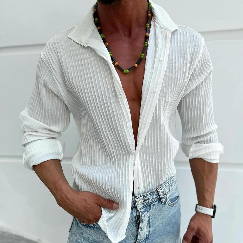 Men's Solid Striped Lapel Long Sleeve Casual Shirt 9261798883512