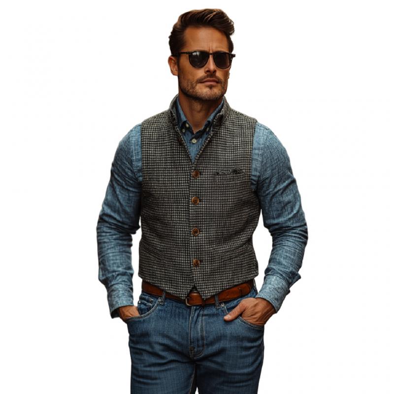 Men's Vintage Stand Collar Houndstooth Single Breasted Slim Vest 9273157484728
