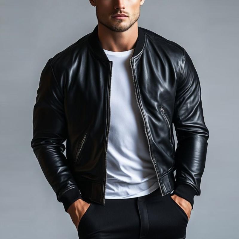 Men's Fashion Crew Neck Baseball Leather Jacket 9885321756856