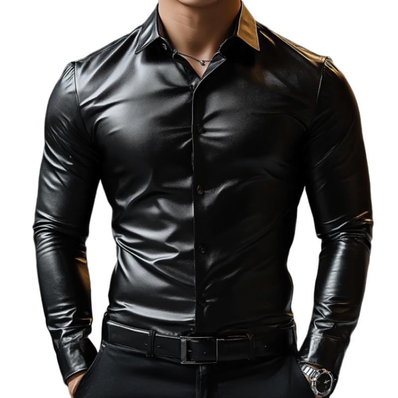 Men's Classic Casual Slim Fit Leather Long Sleeve Shirt 9274169032888