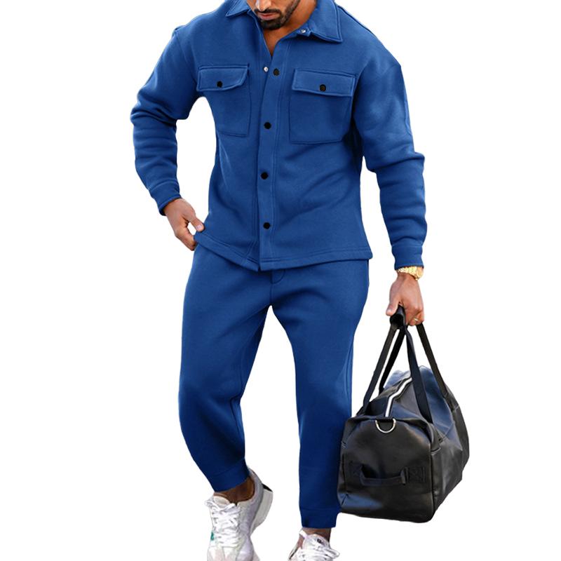 Men's Casual Suede Pocket Single Breasted Slim Fit Shirt Loose Sweatpants Set 9261812973752