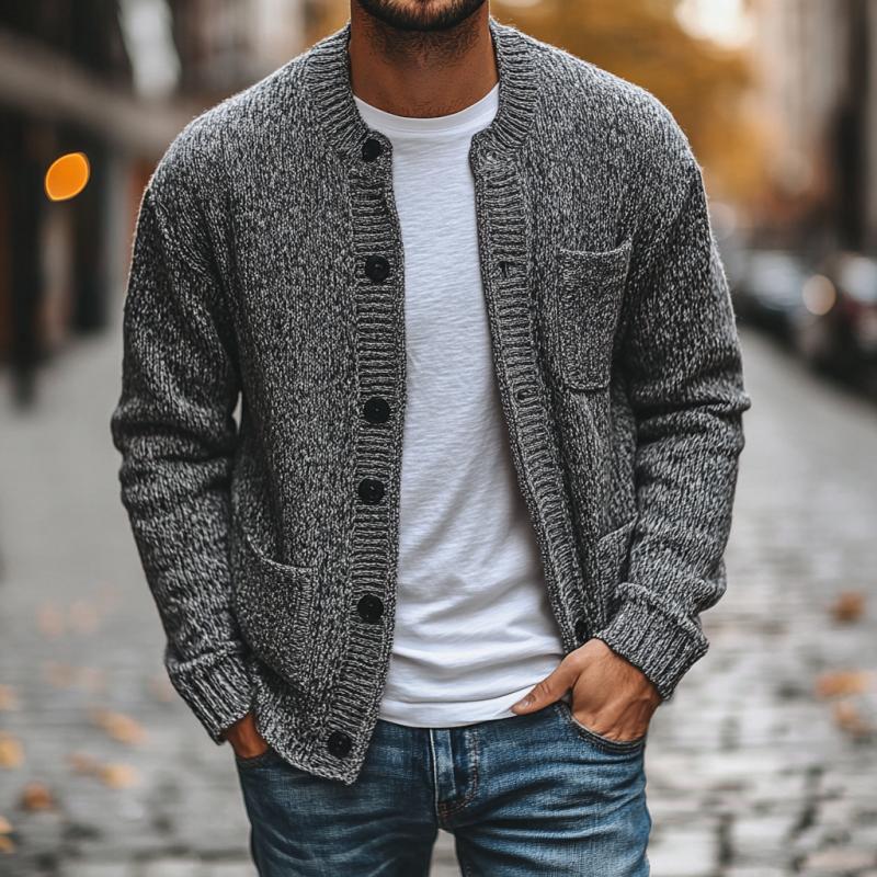 Men's Casual Round Neck Multi-pocket Single-breasted Knitted Cardigan 9266615222456