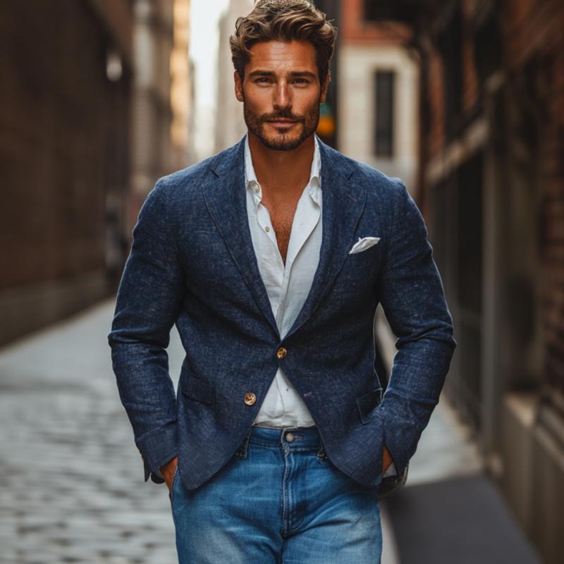 Men's Casual Cotton Linen Notch Lapel Single-breasted Slim-fit Blazer 9884641493176