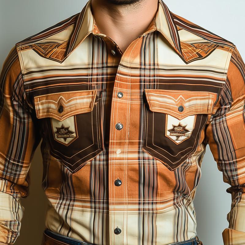 Men's Western Style Graphic Lapel Chest Pocket Long Sleeve Shirt 9877216886968