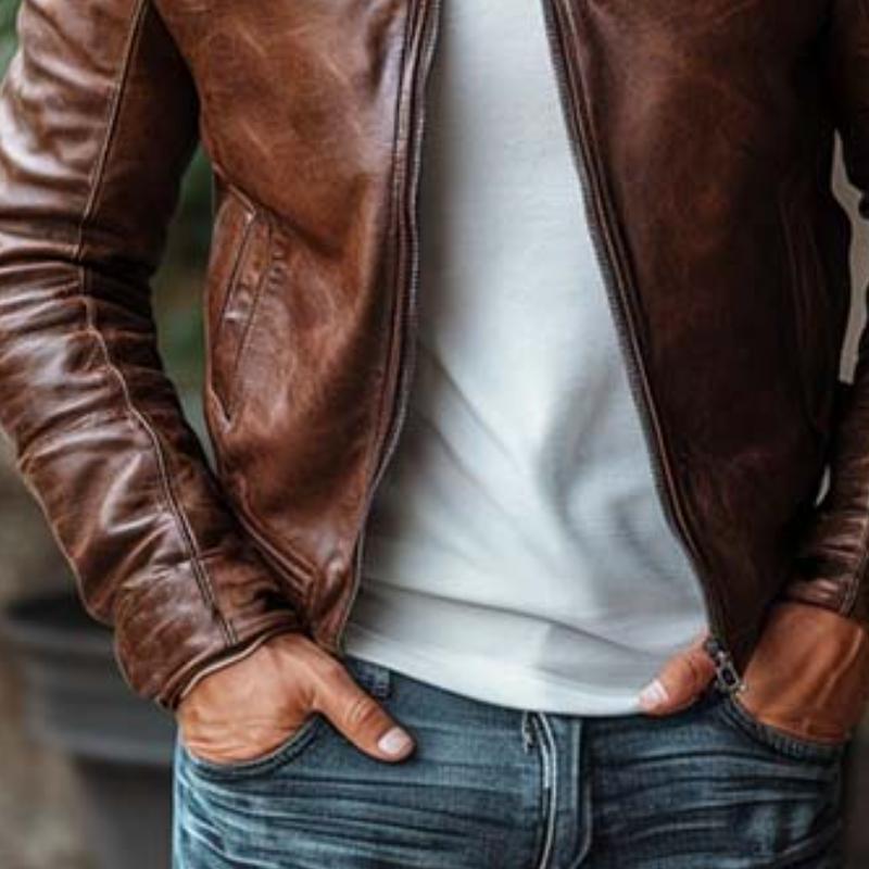 Men's Classic Vintage Slim Stand Collar Leather Jacket 9873139761336