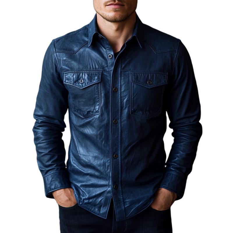Men's Stylish Dark Blue Lapel Long Sleeve Leather Shirt 9879658889400