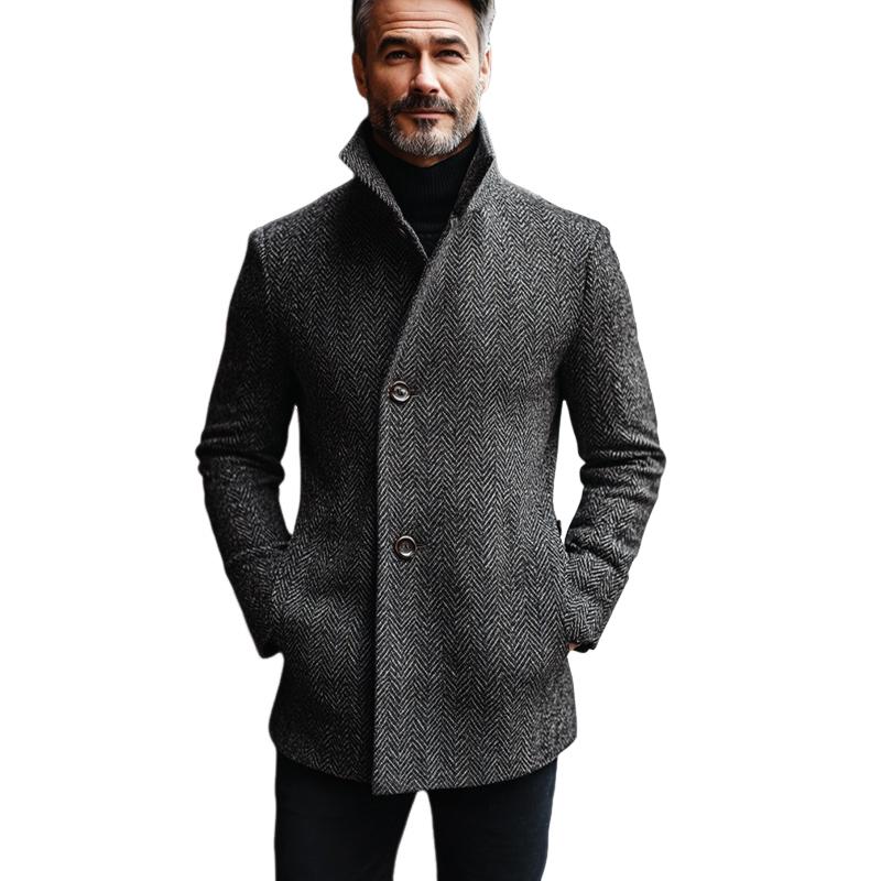 Men's Vintage Dark Grey Herringbone Mid-Length Coat 9885839720632