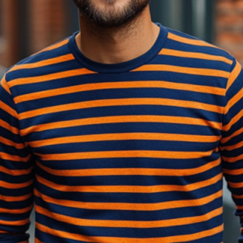 Men's Classic Casual Round Neck Horizontal Striped Cotton Long-sleeved T-shirt 9882786988216