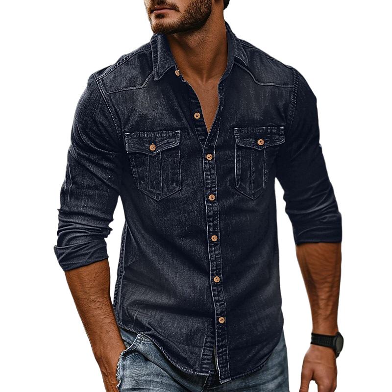 Men's Vintage Washed Distressed Denim Lapel Shirt 9261796753592