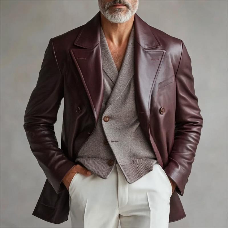 Men's Vintage Lapel Double Breasted Leather Blazer 9877217575096