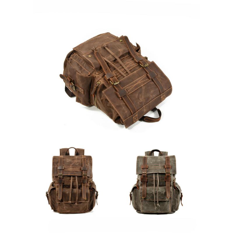 Men's Vintage Beeswax Canvas Outdoor Leather Multi-Pocket Backpack 9262190395576