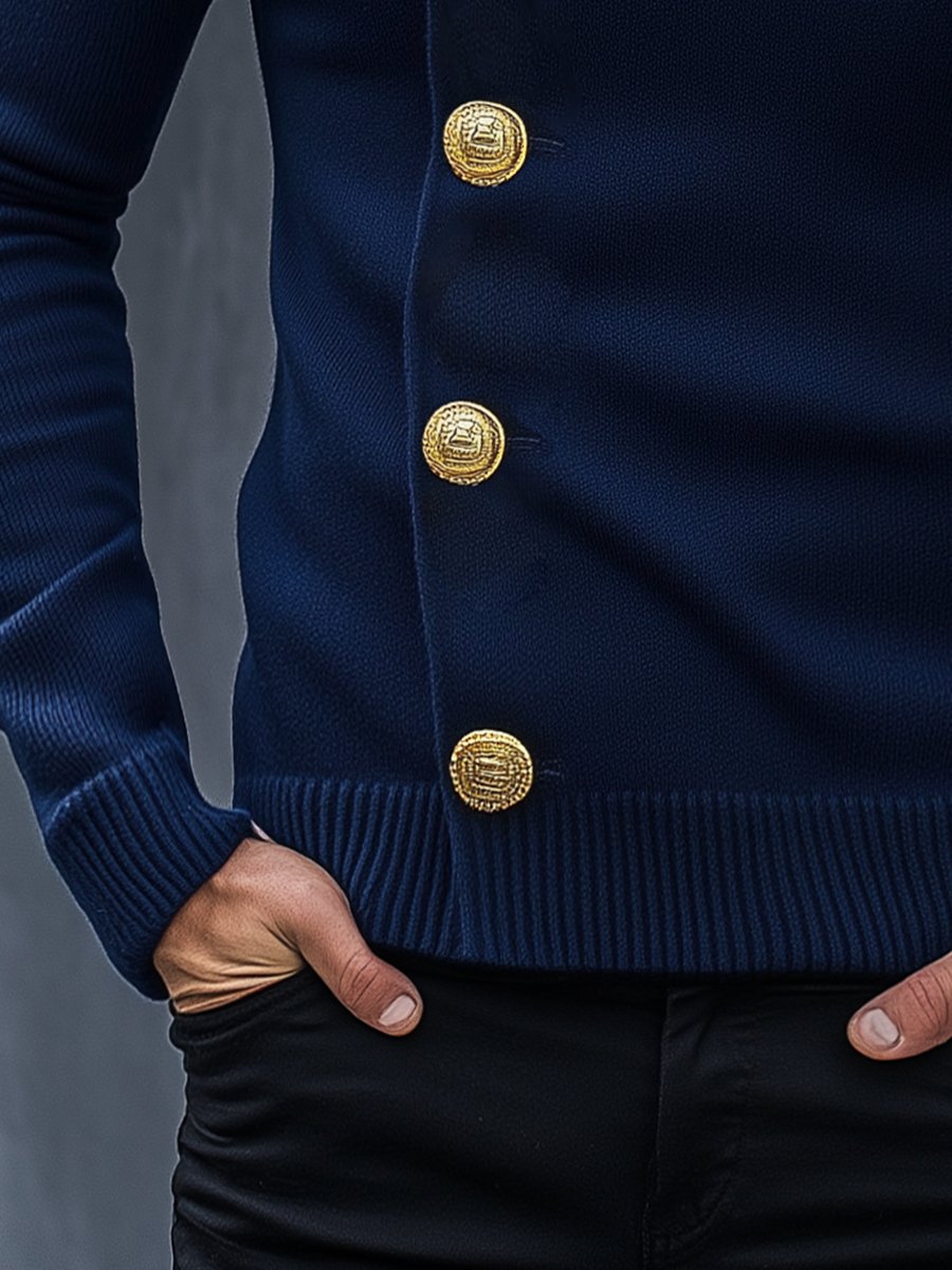 Men's Vintage Navy Stand Collar Knit Cardigan 9888736411832
