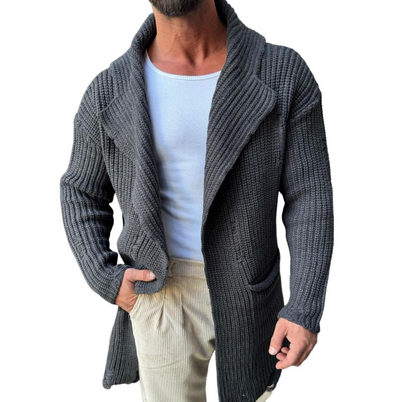 Men's Fashion Solid Color Holes Lapel Long Sleeve Knit Cardigan 9268188283064