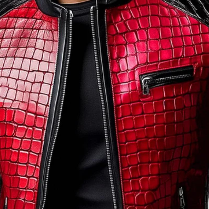 Men's Stylish Stand Collar Zipper Stone Pattern Leather Jacket 9888004997304