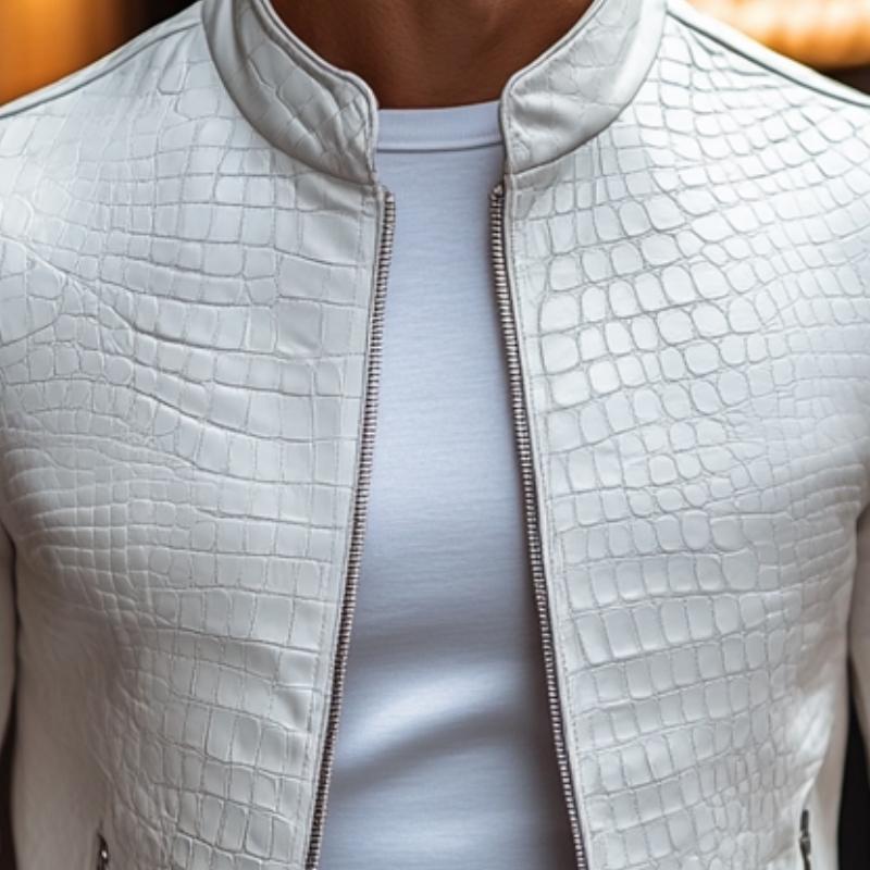 Men's Fashion Stone Pattern Stand Collar Zipper Slim Fit Leather Jacket 9269591474360