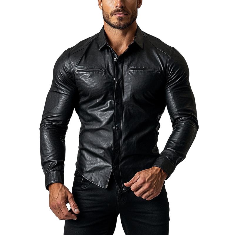 Modisches Herren-Lederhemd, einreihig, schmale Passform, langärmlig, 9880240292024