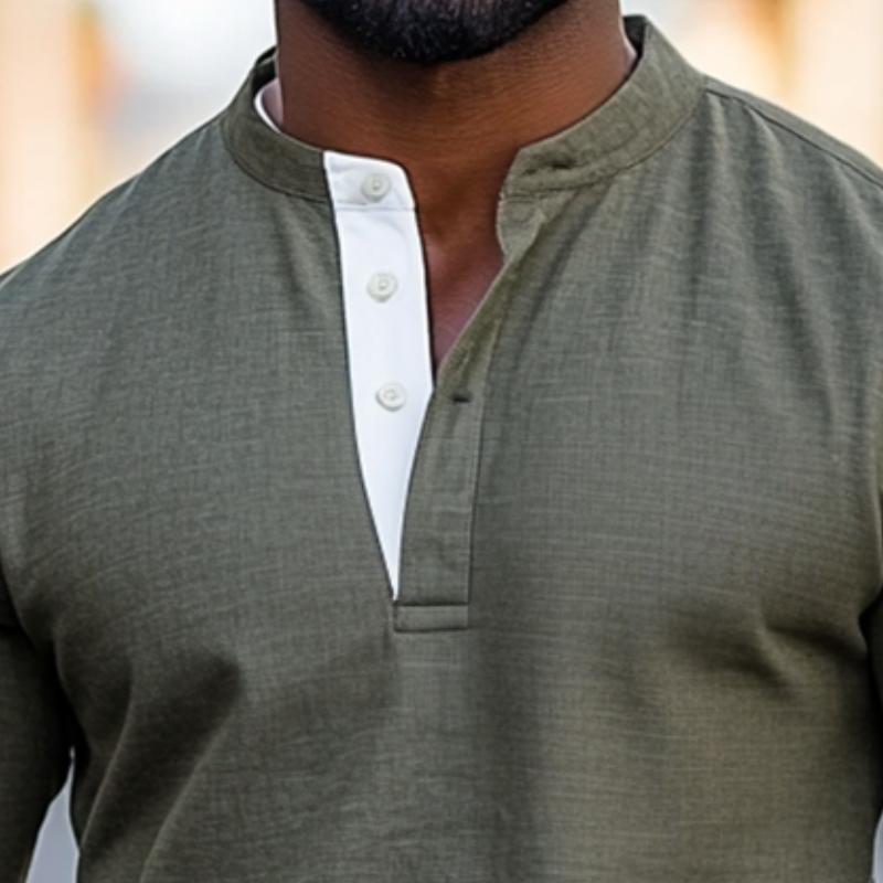 Men's Retro Casual Colorblock Stand Collar Long Sleeve Shirt 9873517740216