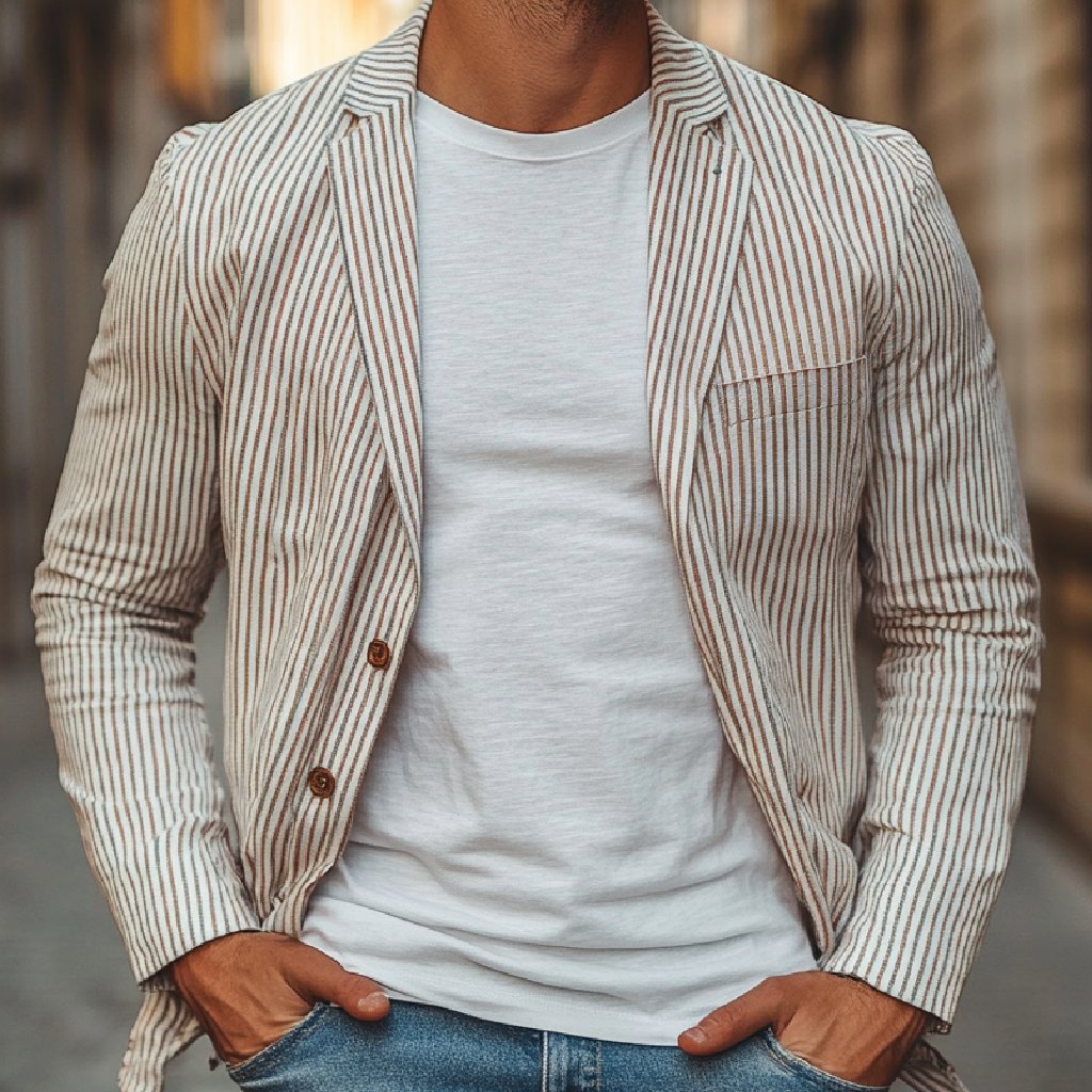 Men's Casual Striped Notch Lapel Single-breasted Loose Blazer 9273156862136