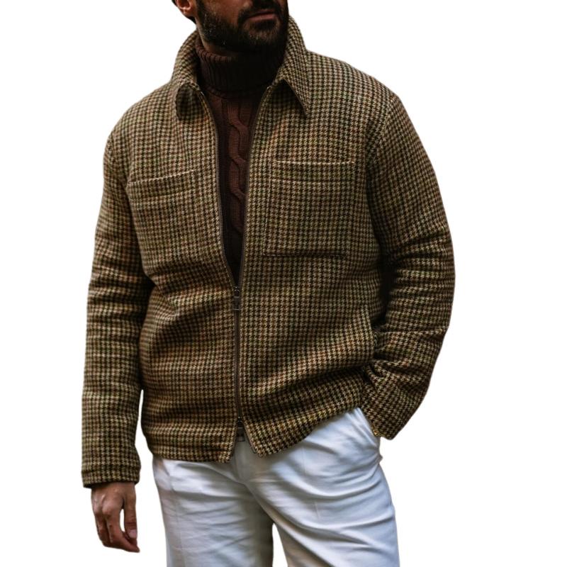Men's Classic Vintage Zipper Multi-Pocket Houndstooth Jacket 9274150453432