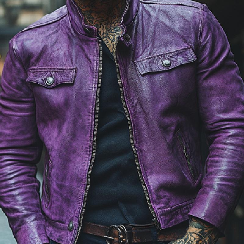 Men's Classic Stand Collar Casual Leather Jacket 9271920885944