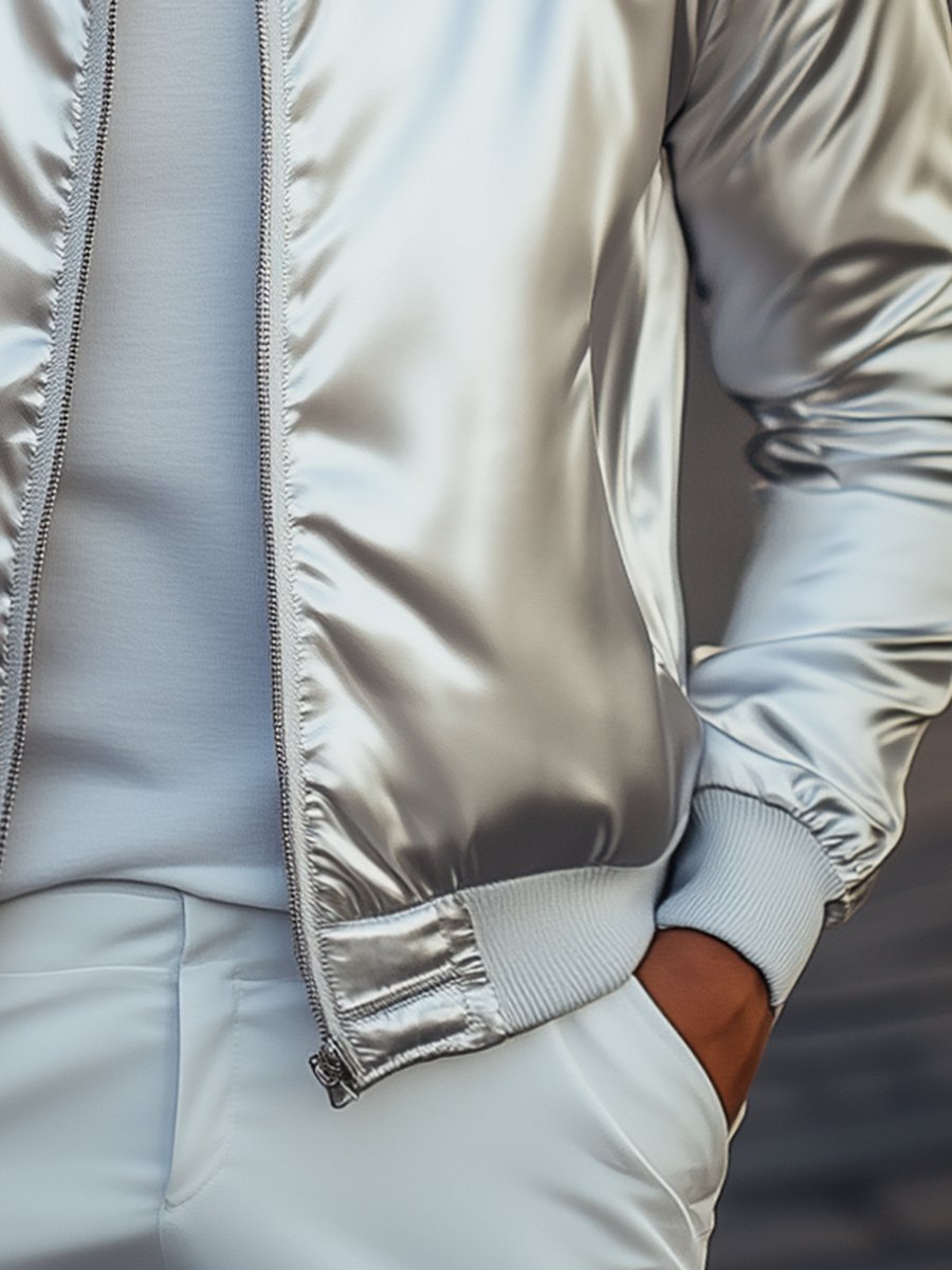Stylish Silver Satin Bomber Jacket 9904641147064