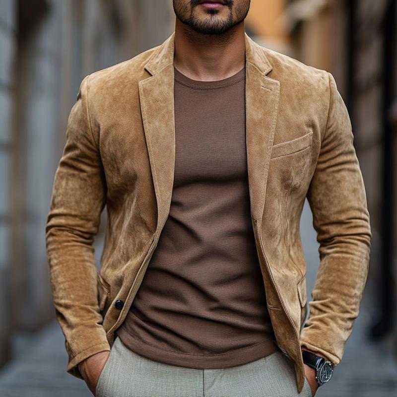 Men's Classic Casual Single Breasted Slim Fit Suede Blazer 9887360286904